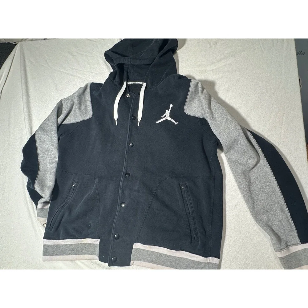 Jordan Mens Hooded Varsity Jacket Black Grey Snap Front Jumpman Fleece XL
